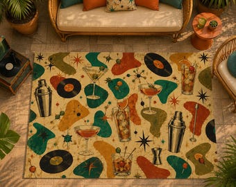 Mid Century Cocktail Pattern Outdoor Rug | Retro Vinyl Records & Shakers Patio Mat