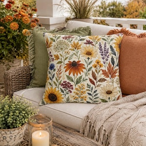 May include: A square throw pillow featuring a cream-colored background with a botanical print of sunflowers, orange coneflowers, lavender, and autumn leaves in shades of yellow, orange, brown, and green, finished with a simple piped edge.