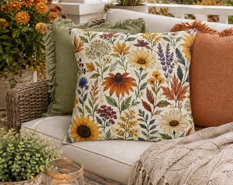 Autumn Floral Outdoor Pillow, Fall Patio Pillow, Outdoor Throw Pillow, Sunflower Cushion, Rustic Porch Decor, Waterproof Accent Pillow