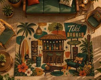 Tiki Lounge Retro Tropical Bar Outdoor Rug | Vintage Hawaiian Luau Patio Mat