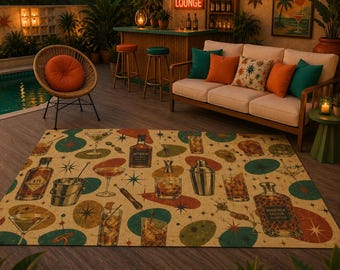 Retro Cocktail Pattern Outdoor Rug | Mid Century Bar Beverage Patio Mat