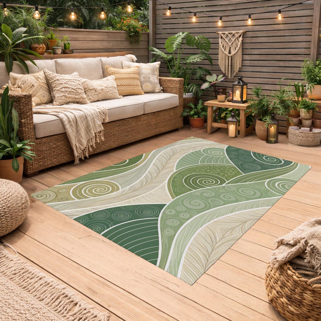 Moss Green and Tan Boho Outdoor Rug | Swirling Wave Pattern, Patio Mat ...