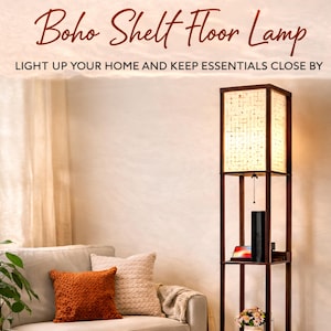 Earth Tone Floor Lamp with Wooden Shelves & USB Ports (Made in USA) Calming Boho Lighting