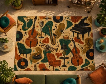 Retro Jazz Patio Rug, Mid Century Modern Outdoor Rug, Vintage Music Decor, Jazz Lounge Porch Rug, MCM Patio Carpet