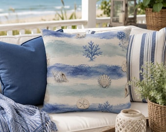 Coastal Outdoor Throw Pillow, Beach House Patio Pillow, Blue Seashell Coastal Cushion, Nautical Outdoor Decor, Ocean Porch Pillow