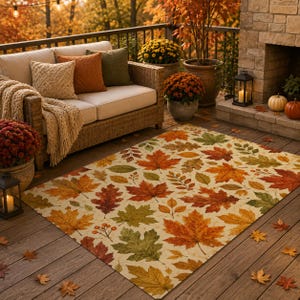 May include: A rectangular area rug featuring a repeating pattern of autumn leaves in shades of orange, red, yellow, and green on a cream background. The rug is placed on a wooden deck, showcasing detailed illustrations of maple and oak foliage.