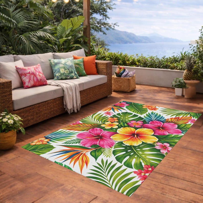 Hibiscus Rug Tropical Hibiscus Floral Outdoor Rug | Palm Leaf Patio Mat - Etsy