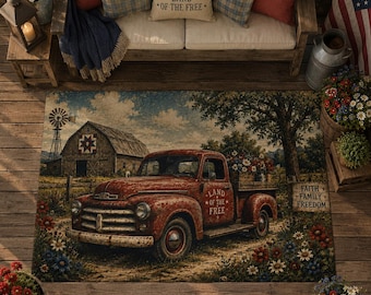 Americana Outdoor Rug, Patriotic Farmhouse Patio Rug, Vintage Red Truck Porch Rug, Rustic Country Outdoor Carpet, Land of the Free Decor