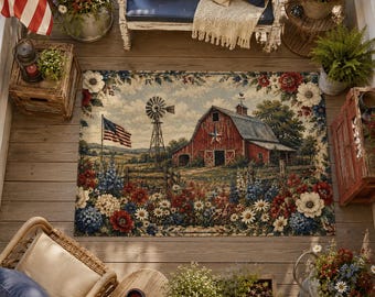 Patriotic Barn Scene Outdoor Rug | Americana Farmhouse Flag Windmill Patio Mat