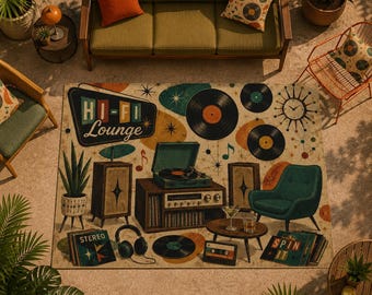 Retro Hi-Fi Lounge Patio Rug, Mid Century Modern Outdoor Rug, Vintage Record Player Decor, Music Lover Patio Carpet, Waterproof Porch Rug