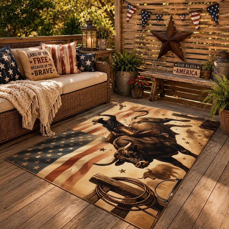 American Rodeo Bull Rider Outdoor Rug | Cowboy Flag Western Decor ...