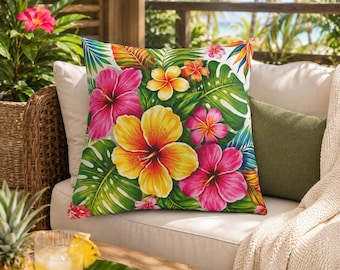 Almofada externa com estampa floral de hibisco tropical | Almofada vibrante para pátio com tema havaiano luau