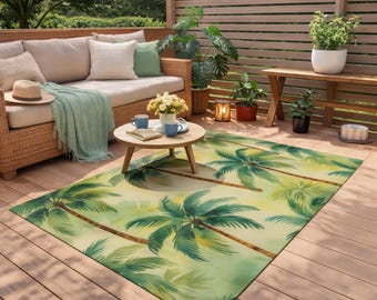Tropical Palm Outdoor Rug, Summer Patio Decor, Beach Style Mat, Housewarming Gift, Garden Area Rug, Coastal Living Decor, Pool Deck Mat