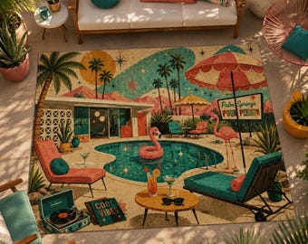 Retro Palm Springs Pool Party Patio Rug, Mid Century Modern Outdoor Rug, Vintage Pool Decor, MCM Porch Rug, Retro Backyard Carpet