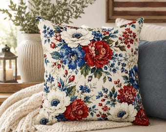 Vintage Red Blue Floral Pillow | Americana Square Decorative Throw Pillow