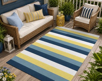 Blue Yellow Coastal Striped Outdoor Rug, Nautical Patio Rug, Beach House Decor, Porch Rug, Coastal Outdoor Mat, Indoor Outdoor Area Rug