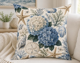 Coastal Hydrangea Throw Pillow, Blue Hydrangea Decorative Pillow, Beach Cottage Cushion, Nautical Seashell Living Room Decor
