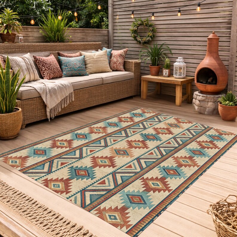 Southwestern Aztec Pattern Outdoor Rug | Tribal Geometric Patio Mat - Etsy