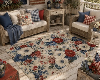 Vintage Americana Red Blue Floral Outdoor Rug | Patriotic Cottage Garden Patio Mat