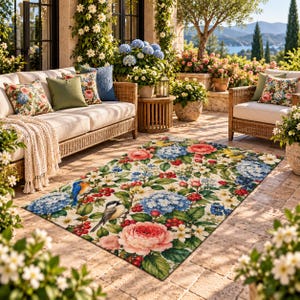 May include: A rectangular area rug featuring a cream background with a vibrant botanical print of large pink peonies, blue hydrangea clusters, red berries, and small birds perched on branches, creating a detailed floral pattern.