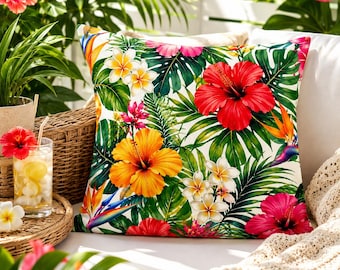 Tropical Hibiscus Floral Outdoor Pillows | Hawaiian Luau Patio Cushion