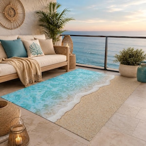 May include: A rectangular area rug featuring a realistic print of a sandy beach meeting turquoise ocean waves with white sea foam. The rug is placed on a tiled patio floor in front of a beige sofa with decorative pillows and a potted plant.