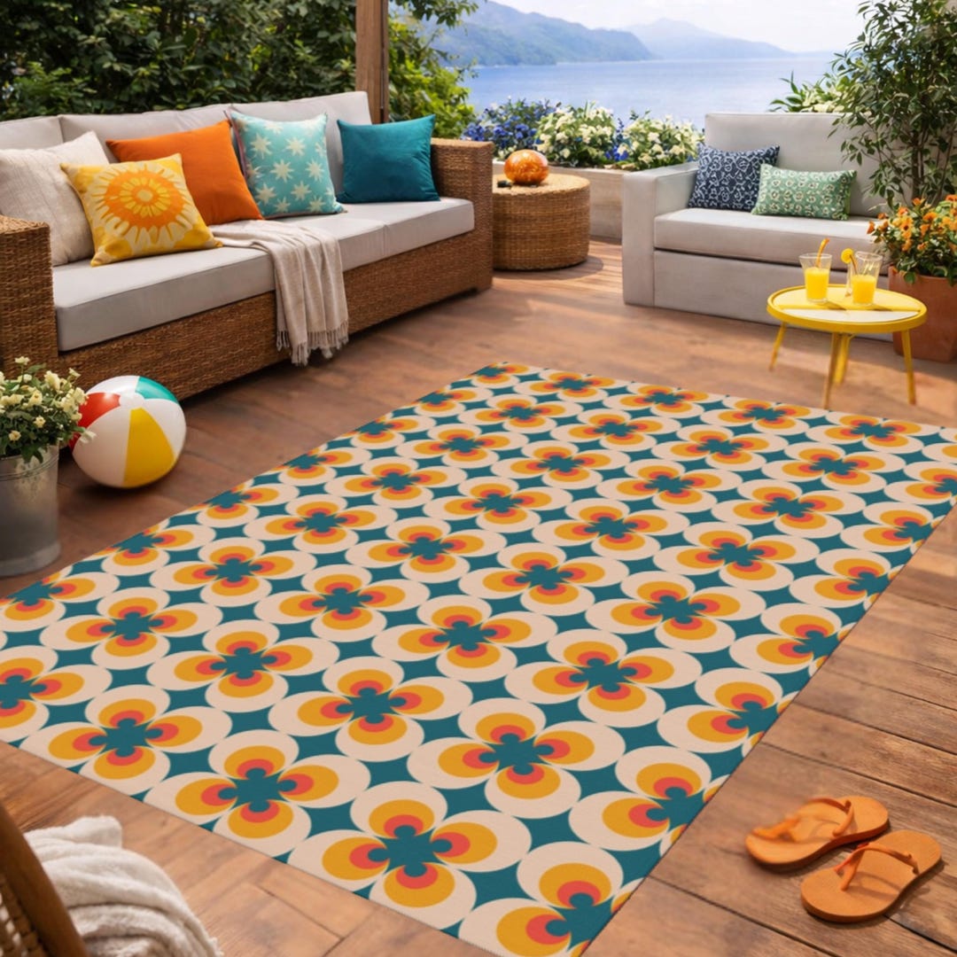 Retro Floral Tile Outdoor Rug | Orange Teal Geometric Patio Mat - Etsy