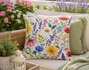 Wildflower Outdoor Throw Pillow, Floral Patio Pillow, Cottage Garden Outdoor Cushion, Botanical Porch Pillow, Colorful Garden Decor