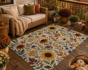 Autumn Wildflower Patio Rug, Fall Outdoor Rug, Sunflower Porch Rug, Rustic Farmhouse Outdoor Carpet, Harvest Floral Deck Rug