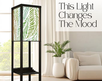 Tropical Leaf Shelf Floor Lamp with USB and Outlet, Dimmable Standing Lamp with Remote, Boho Storage Lamp for Bedroom Living Room