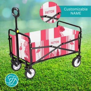 Custom Beach Cart, Personalized Name Wagon, Tropical Flamingo Foldable Cart (Made in USA), Pink Sports Cart, Picnic Cart For Family