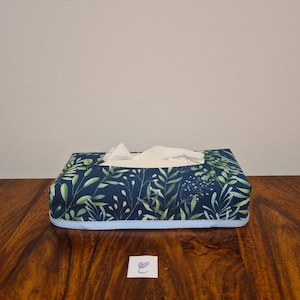 Cover for cosmetics/handkerchief box, reversible case (suitable for coquettish boxes from Aldi) *** Blue-green leavesFarne/medium blue Uni (#26)