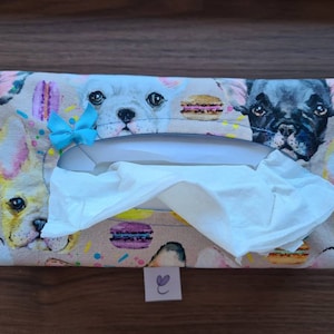 Cover for cosmetics/handkerchief box, reversible cover with rubber (suitable for Rewe organic and DM boxes) ***French Bulldog/Frenchi/light blue