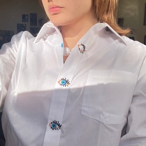 Button Eye Embroidered White Collared Shirt