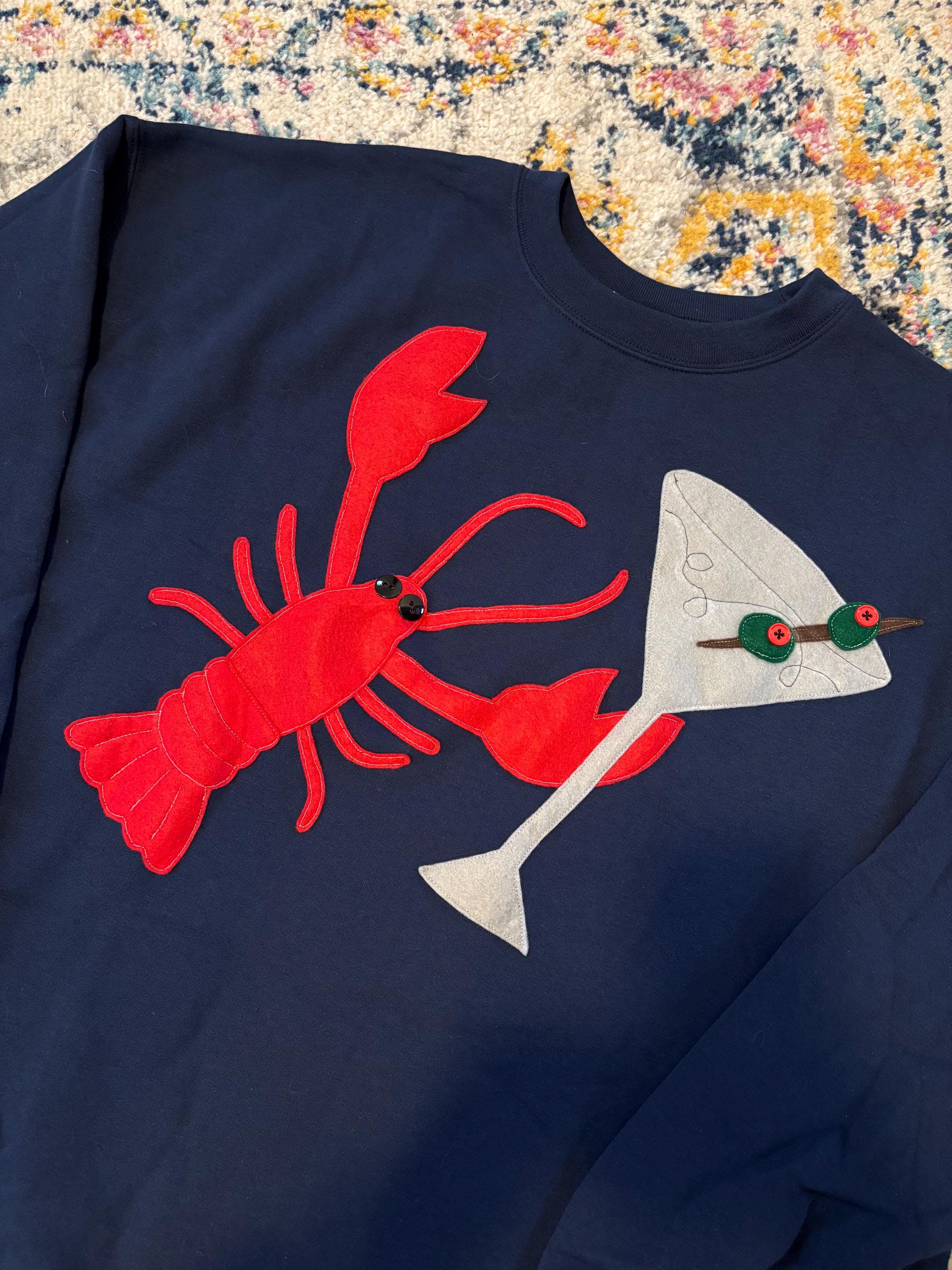 Lobster Holding Dirty Martini Patchwork & Embroidery Crewneck