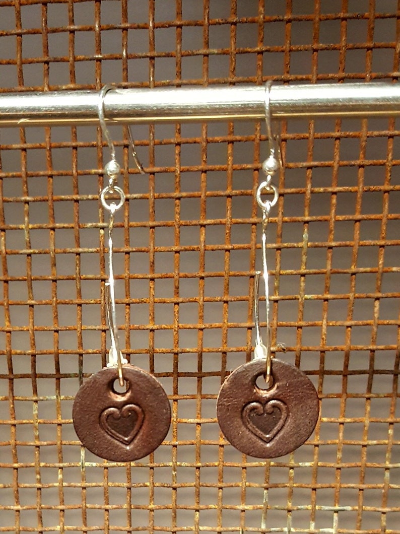 Hanging earrings 925 sterling silver, arabesque shape, leather pendant with heart in vegetable-broken leather, color brown, length: 7 image 1
