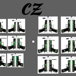 Puede incluir: Una comparación de diferentes pistolas CZ, con un primer plano del modelo CZ Shadow 2 Compact. La imagen muestra los diferentes modelos uno al lado del otro, destacando las variaciones en el diseño y las características.