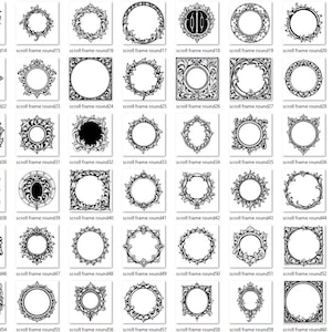 Könnte beinhalten: Eine Sammlung von 61 schwarz-weißen Scroll-Rahmen-Designs, jedes mit einem einzigartigen, verzierten Rand. Die Rahmen variieren in der Form, einschließlich rund, quadratisch und oval, mit komplizierten floralen und dekorativen Mustern. Jeder Rahmen ist nummeriert.