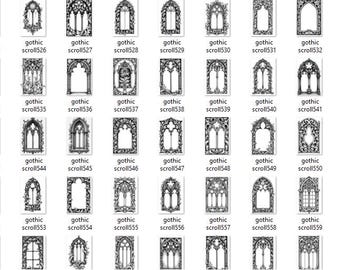 May include: A collection of black and white gothic scroll designs, each featuring intricate window and archway patterns. The designs are labeled with the text "gothic scroll" followed by a number, suitable for digital art or craft projects.