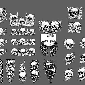 May include: A collection of black and white skull and floral design illustrations. The designs feature various skull shapes and floral patterns, including roses, leaves, and vines. The illustrations are perfect for use in digital or physical crafts, such as scrapbooking, card making, or tattoo design.