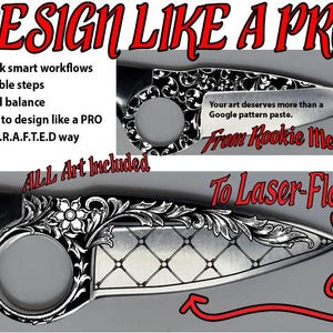 Può includere: L'immagine presenta due lame finemente decorate con motivi floreali e geometrici. Il testo include "DESIGN LIKE A PRO", "ALL Art Included" e "From Rookie Mess To Laser-Flex!". Le lame hanno una finitura argentata.