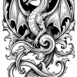 May include: Detailed black and white illustration of a dragon with large wings, a long tail, and intricate scales. The dragon is set against a dark background with a circular shape, surrounded by ornate floral designs. The artwork is highly detailed.
