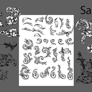 Pode incluir: Uma coleção de elementos de design floral em preto e branco. Os designs são intrincados e detalhados, e seriam perfeitos para adicionar um toque de elegância a qualquer projeto.