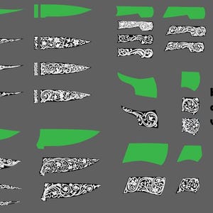 May include: An illustration of knife blade and bolster variations. The image shows green blade outlines and ornate black and white designs. Text on the right reads "knife blade and bolster variations."