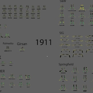 May include: A diagram of various 1911-style firearms, including models from RIA, Colt, CZ, FN, H&K, Kimber, Ruger, S&W, SIG, and Springfield. The image is on a gray background, with the text "1911" in the center.