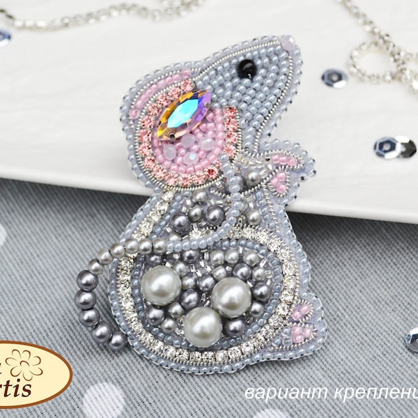 DIY Jewelry making kit, Seed beaded brooch "Mouse", Tela Artis. Bead Embroidery, Needlework beading decoration.