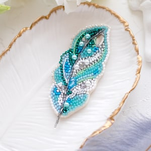 DIY Jewelry making kit, Seed beaded brooch "Light feather", Abris Art. Bead Embroidery, Needlework beading decoration.