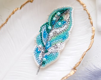 DIY Jewelry making kit, Seed beaded brooch "Light feather". Bead Embroidery, Needlework beading decoration.
