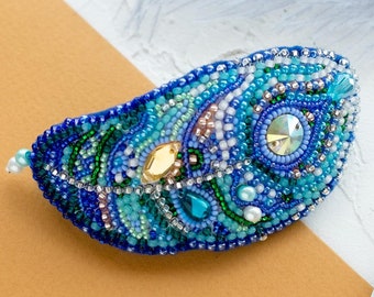 DIY Jewelry bead embroidery hair clip kit decoration "Feather", Abris Art. Bead Embroidery, Needlework beading decoration.