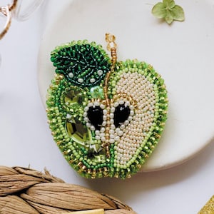 DIY Jewelry making kit, Seed beaded brooch "Green apple", Abris Art. Bead Embroidery, Needlework beading decoration.